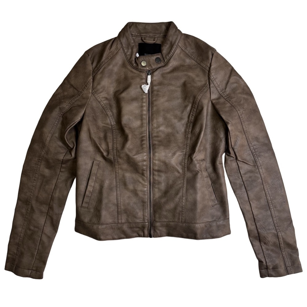 Skinnygirl Brown Faux Leather Moto Jacket Size XS Front and Back Zip Pockets NWT